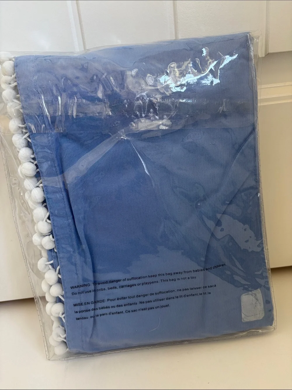 Pottery Barn‎ Teen Muffy Cord Drape 44”x44” Periwinkle Blue Pom Poms w/Tie Back